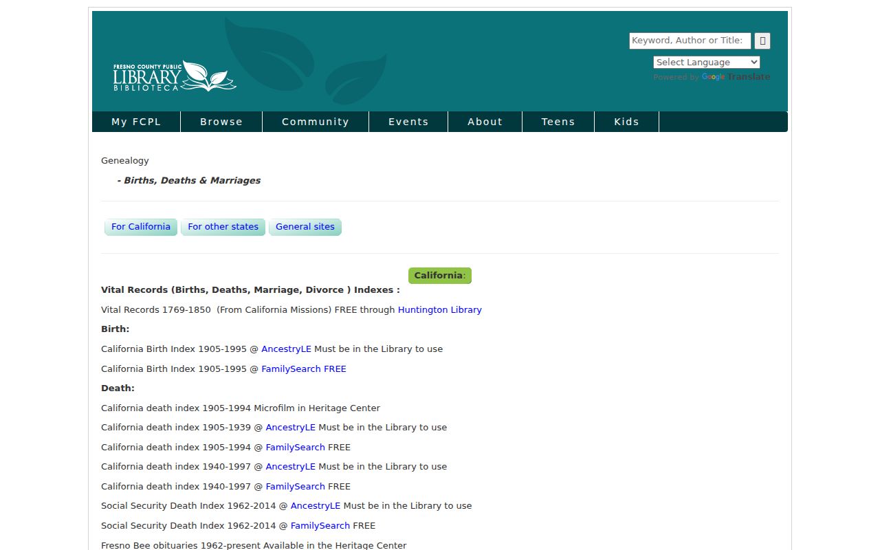 Fresno County city directory view of birth marriage and death indexes