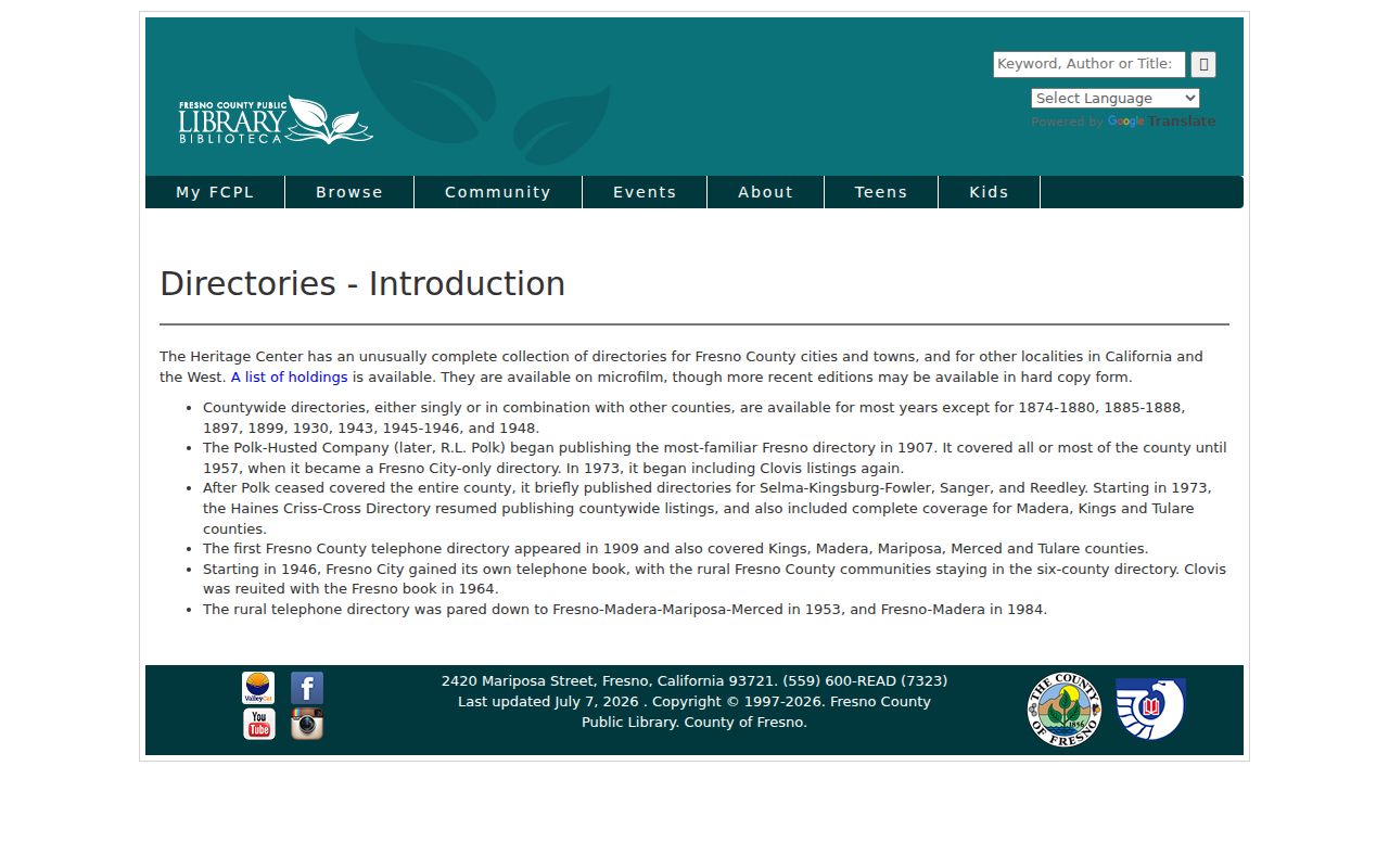 Fresno County city directory view of the library directory collections