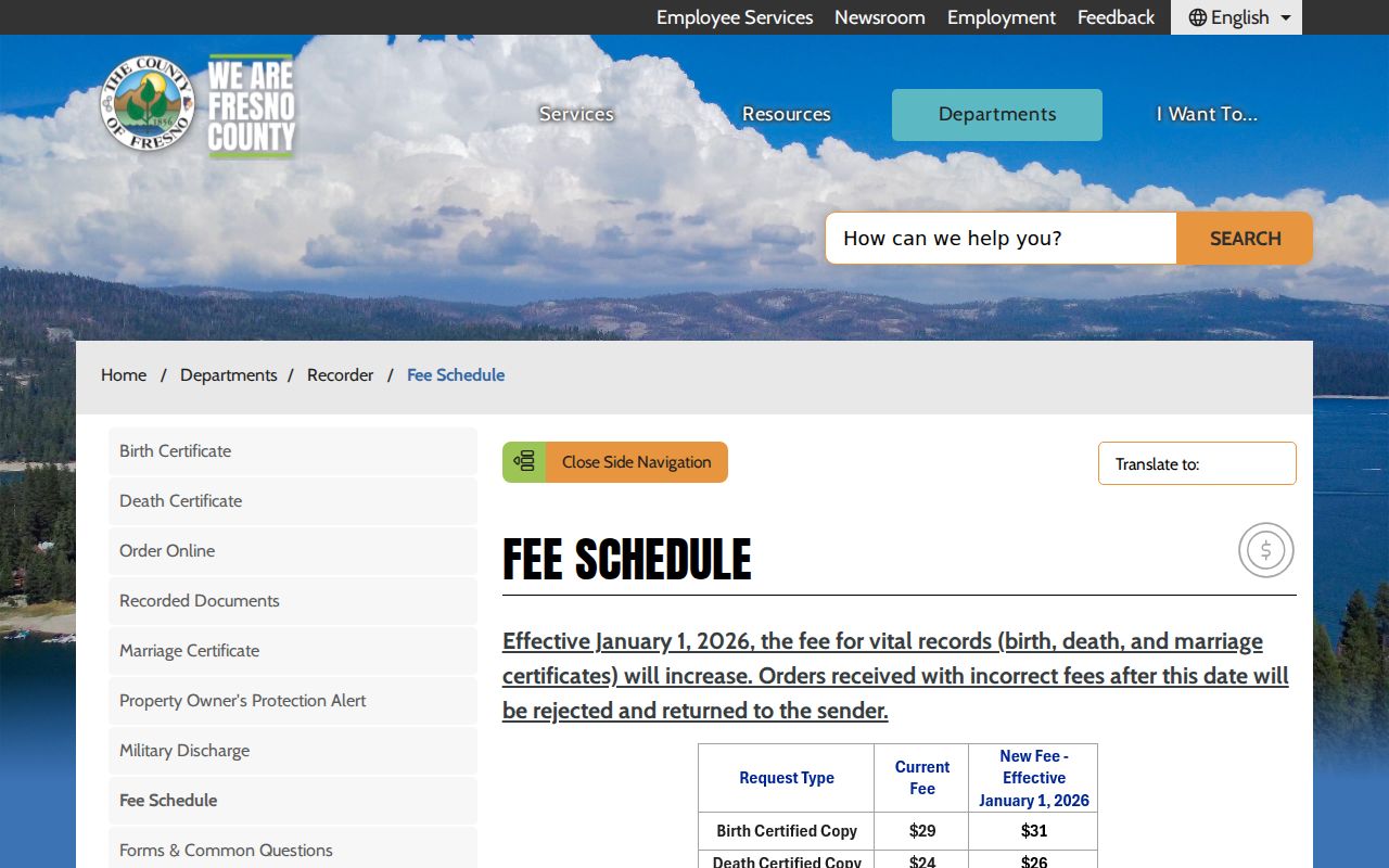 Fresno County previous residents view of the Recorder fee schedule