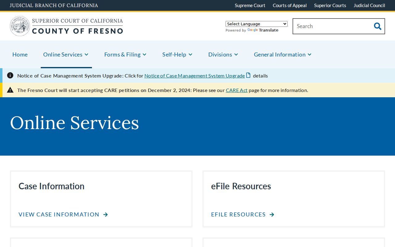 Fresno County resident lookup view of Superior Court online services
